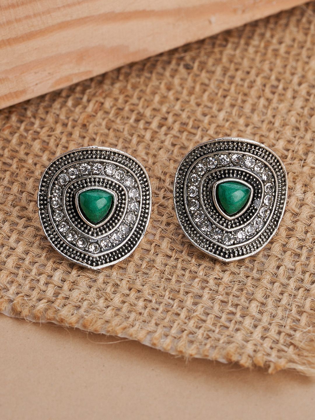 

TEEJH Quirky Silver-Plated Artificial Stones and Beads Draupadi Alloy Studs, Green