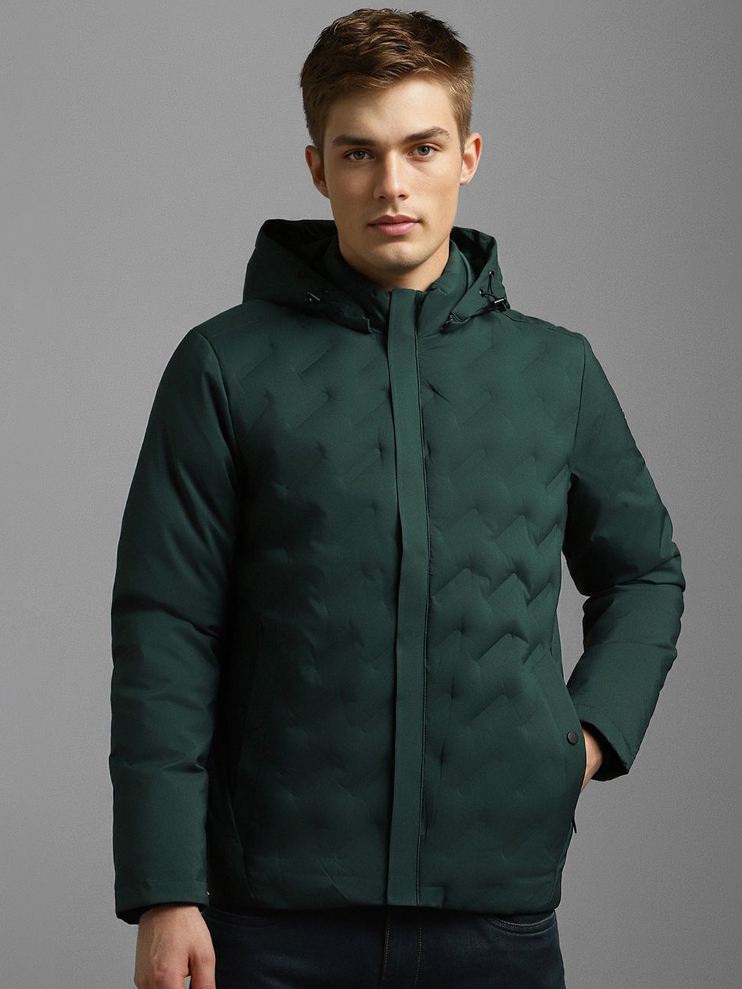 

Louis Philippe Men Hooded Solid Casual Quilted Jacket, Green