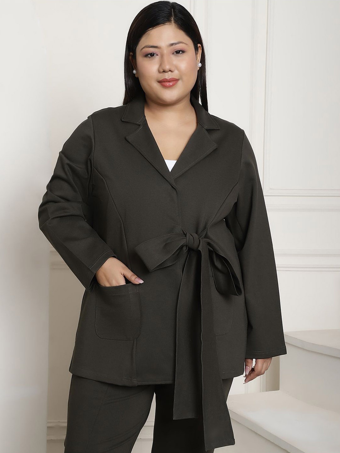 

theRebelinme Plus Size Notched Lapel Single-Breasted Tie-Up Casual Blazer, Olive