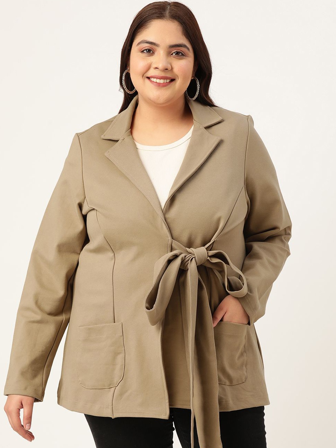 

theRebelinme Plus Size Notched Lapel Single-Breasted Tie-Up Casual Blazer, Beige