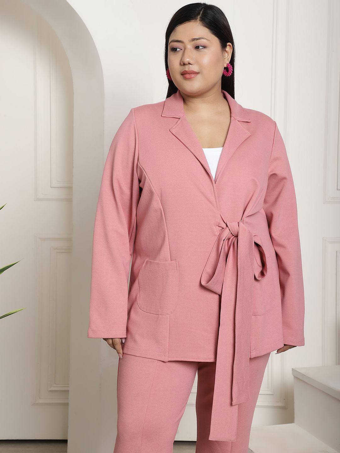 

theRebelinme Plus Size Notched Lapel Single-Breasted Tie-Up Casual Blazer, Pink