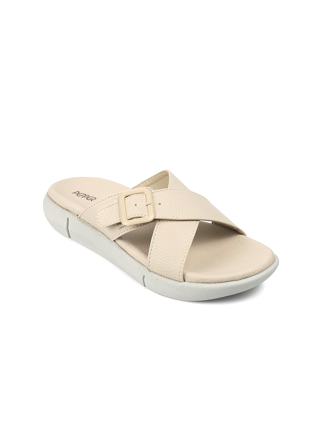 

PEPPER Women Open Toe Flats with Buckles, Cream