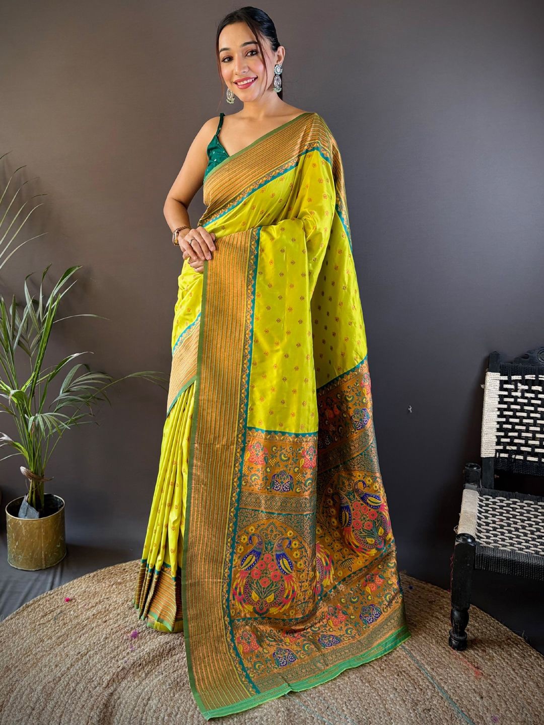 

Panzora Ethnic Motifs Zari Silk Blend Paithani Saree, Green