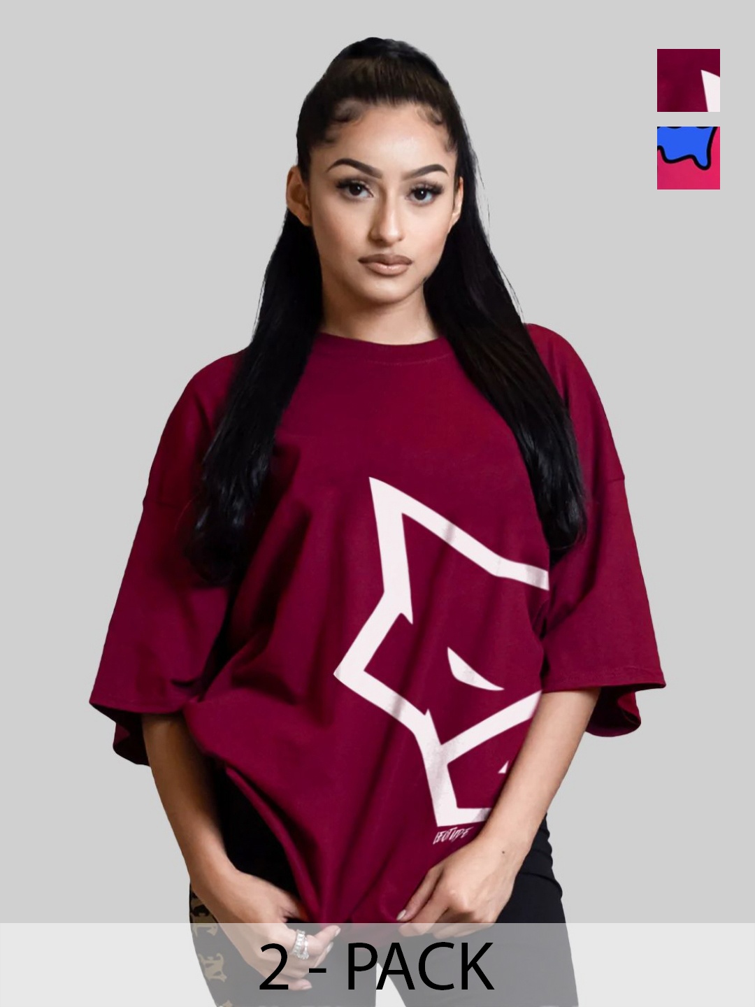 

Leotude Women Pack Of 2 Typography Printed Round Neck Cotton Oversized T-shirts, Maroon