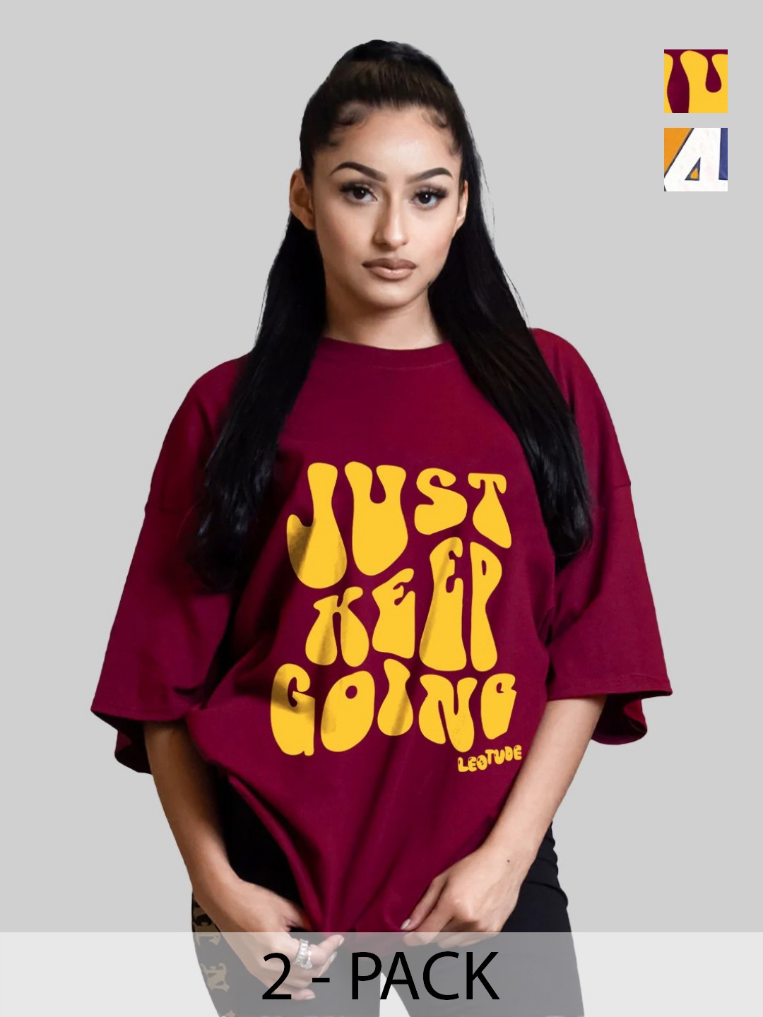 

Leotude Women Pack Of 2 Typography Printed Round Neck Cotton Oversized T-shirts, Maroon