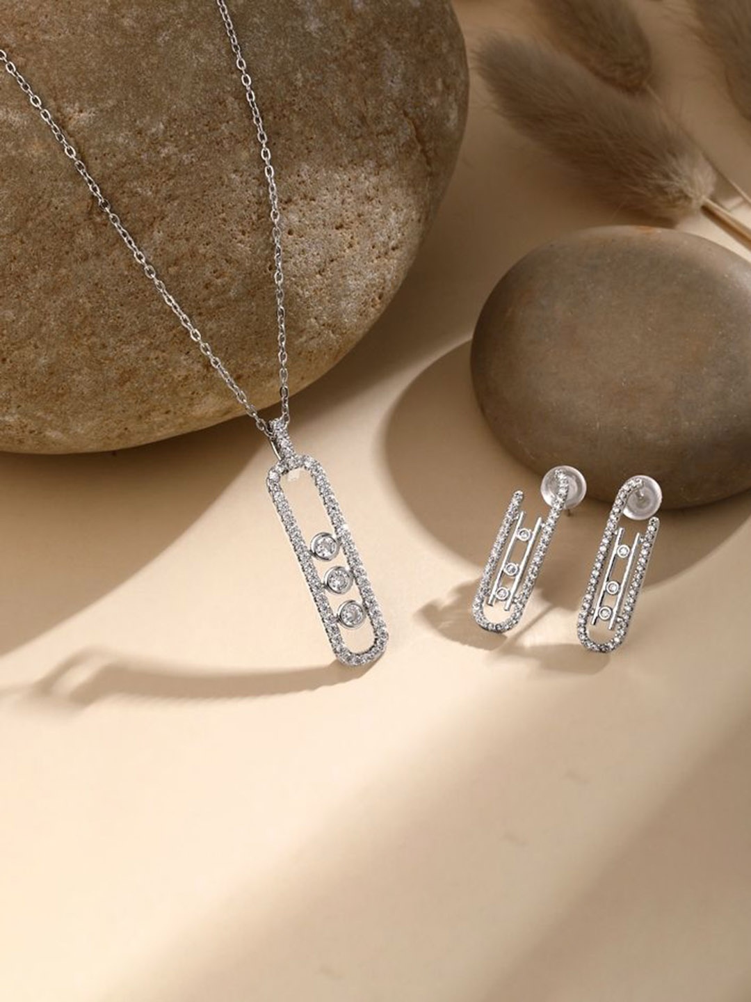 

Cierra Silver-Plated Cubic Zirconia Stone-Studded Pendant & Chain With Earrings