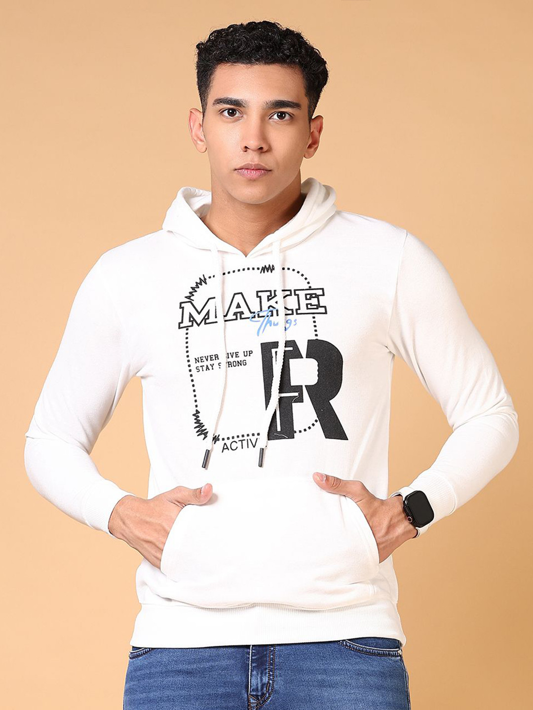 

V-Mart Men Printed Hooded Sweatshirt, Off white