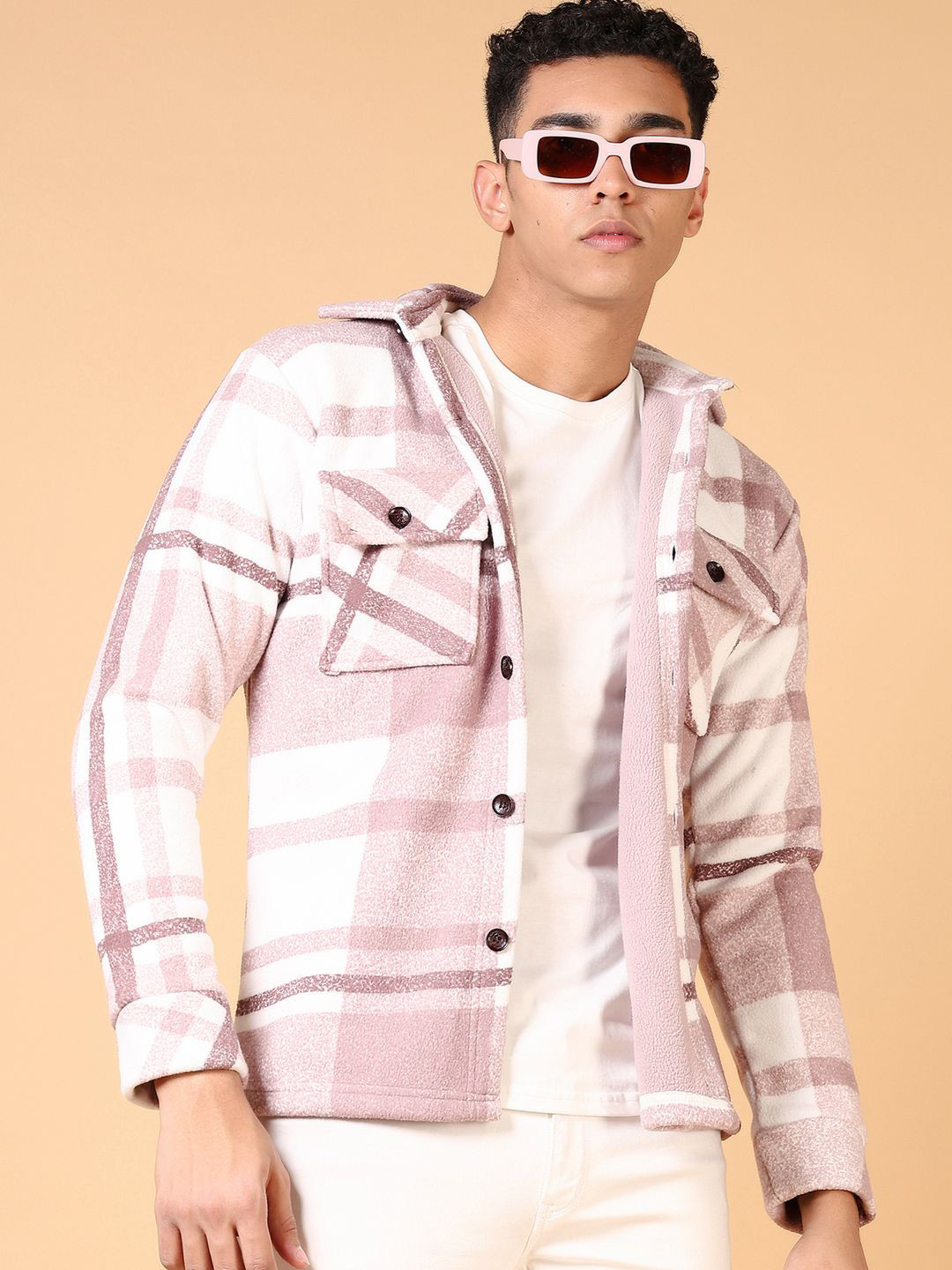 

V-Mart Men Checked Shirt Collar Cotton Sweatshirt, White