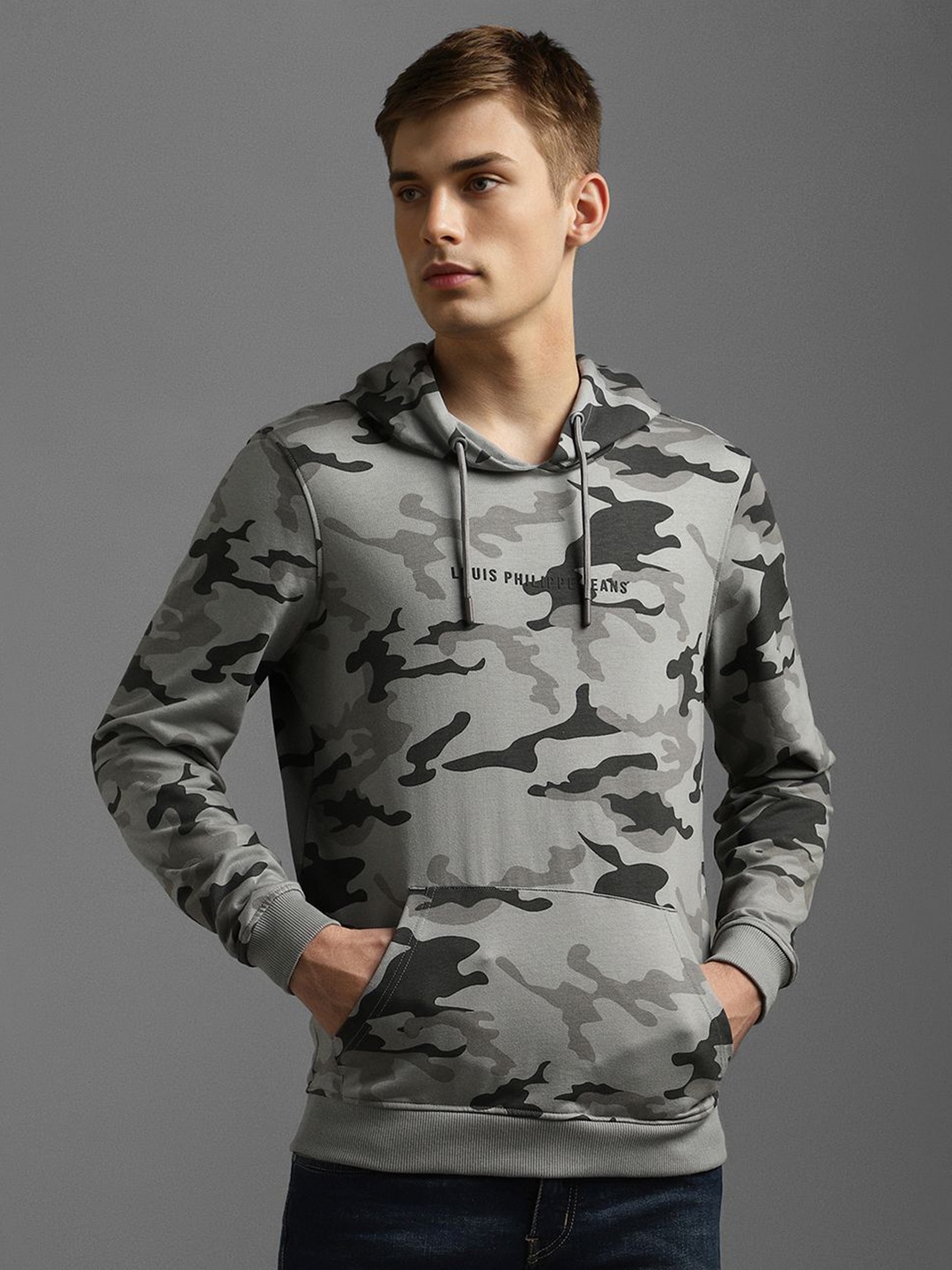 

Louis Philippe Jeans Men Printed Cotton Hooded Sweatshirt, Grey