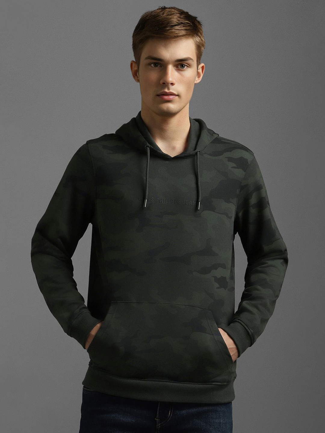 

Louis Philippe Jeans Men Printed Cotton Hooded Sweatshirt, Green
