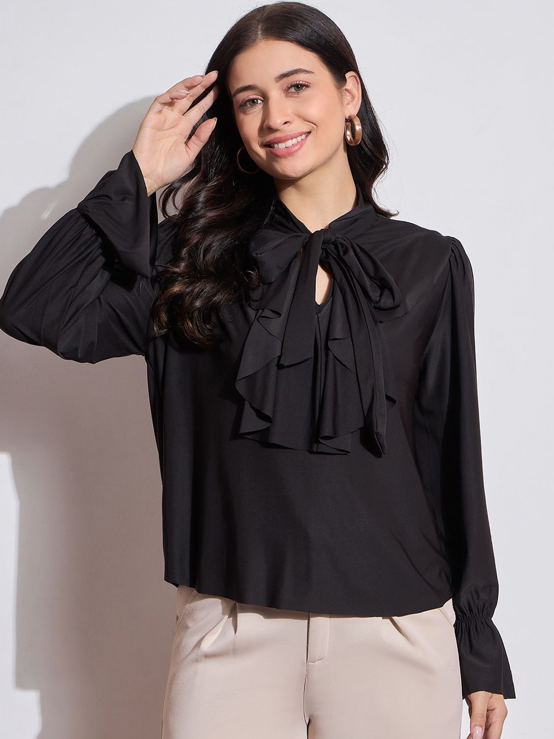 

DRAPE AND DAZZLE Women Tie-Up Neck Ruffles Detail Cotton Top, Black