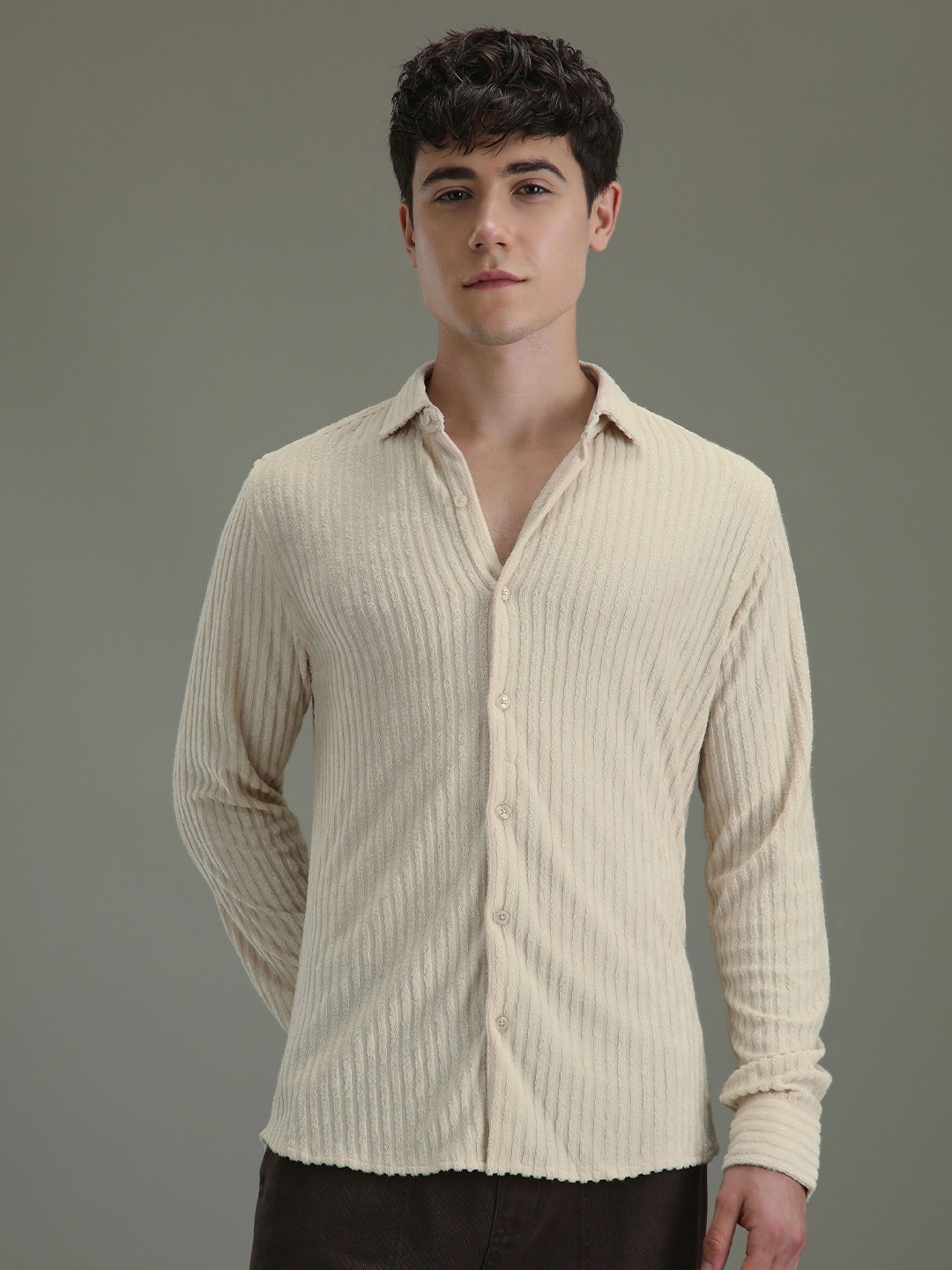 

Banana Club Men Classic Slim Fit Opaque Striped Casual Shirt, Cream