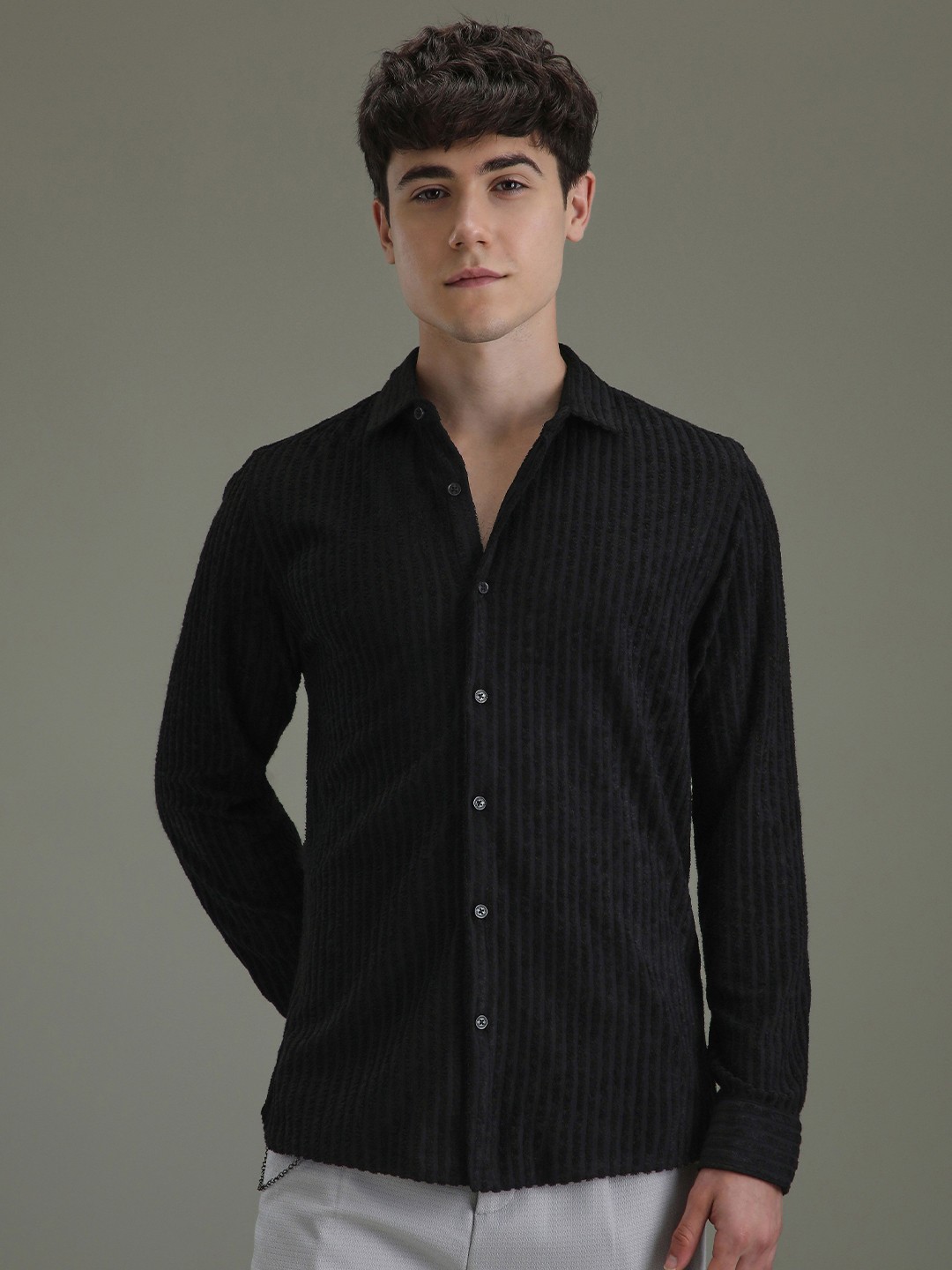 

Banana Club Men Classic Slim Fit Opaque Striped Casual Shirt, Black