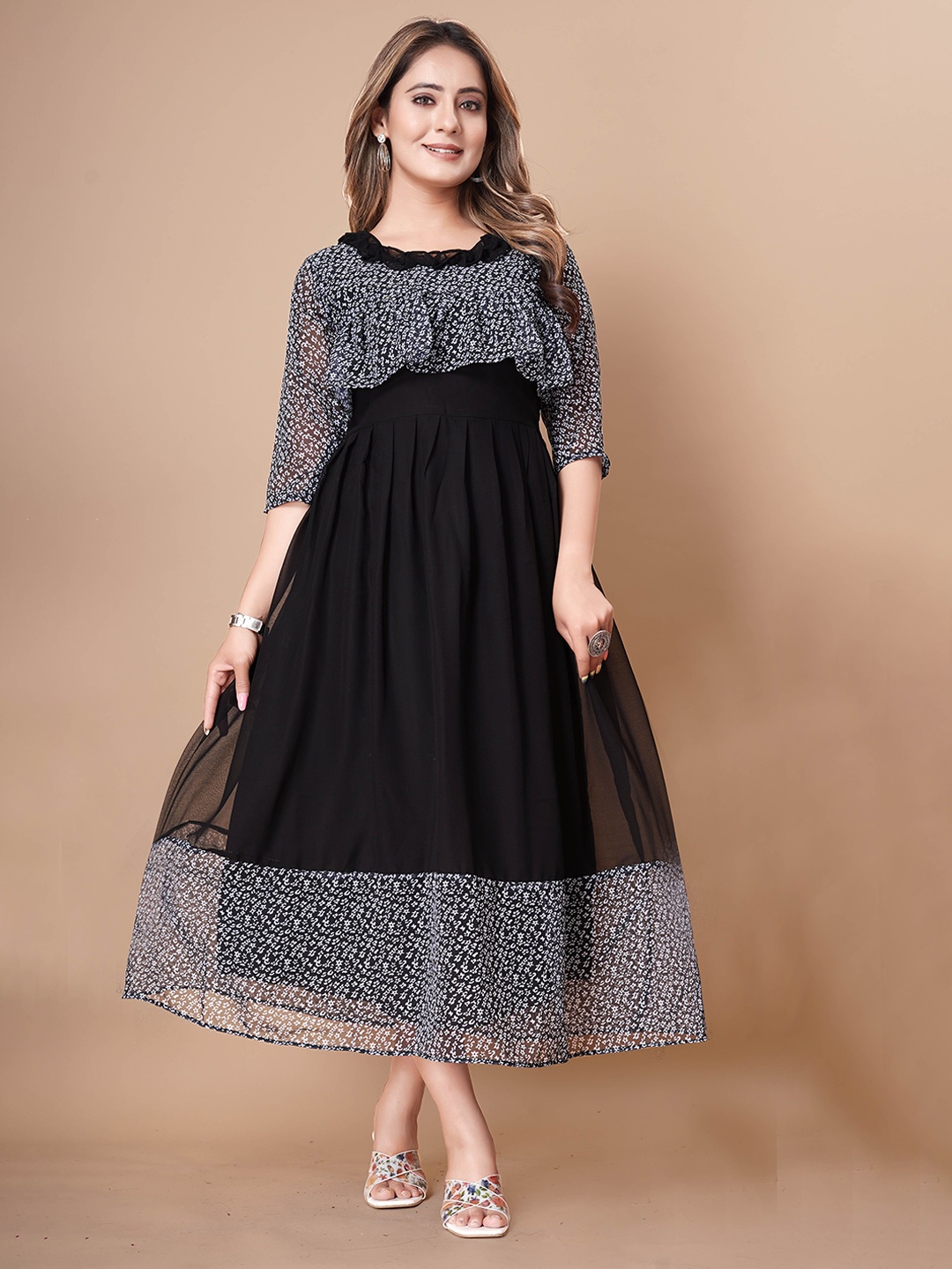 

Bhanderi Fashion Women Floral Print Georgette Fit & Flare Midi Dress, Black