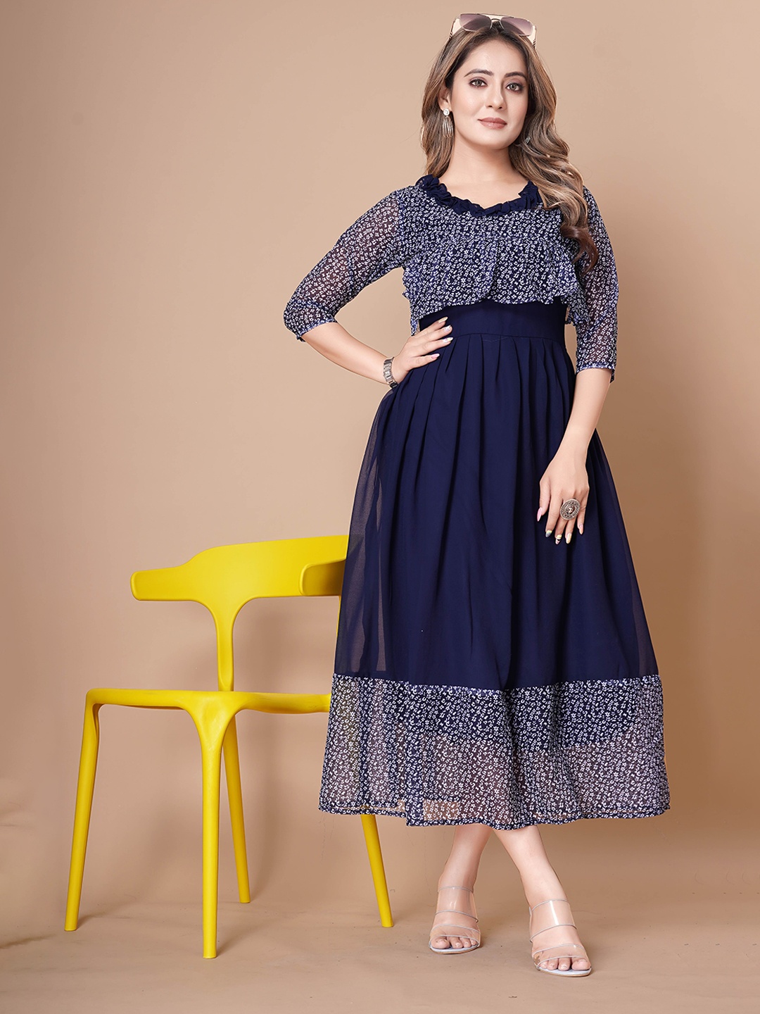 

Bhanderi Fashion Women Solid Round Neck Sequined Fit & Flare Midi Dress, Blue