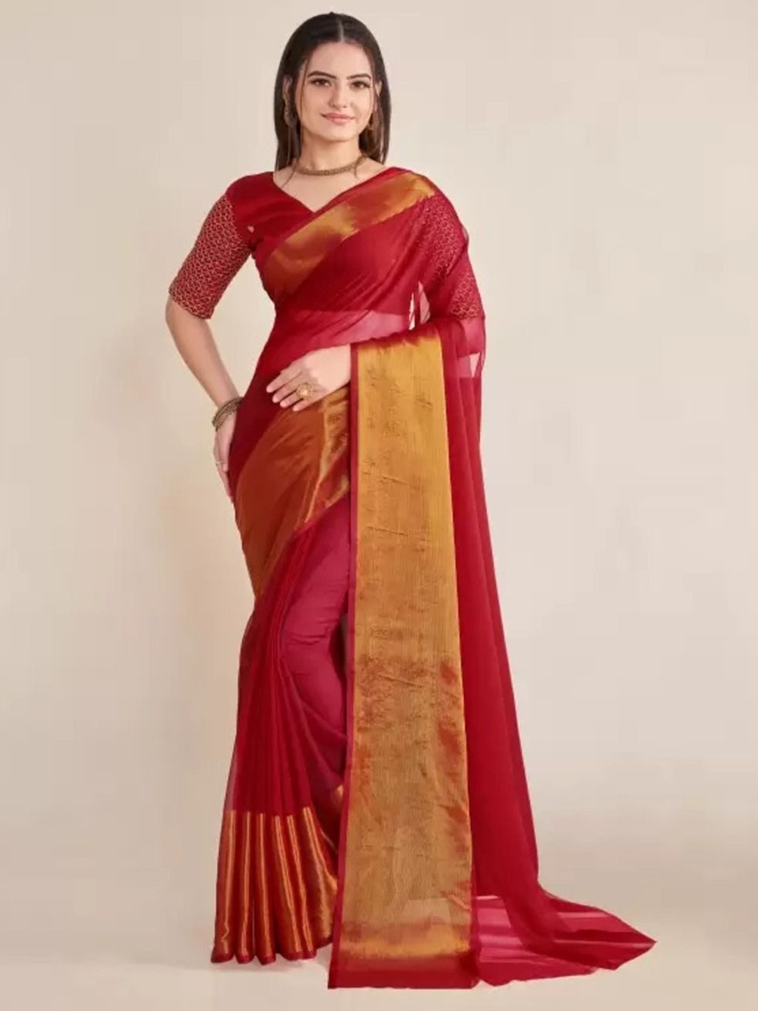 

VRAGI Embellished Zari Pure Chiffon Maheshwari Saree, Red