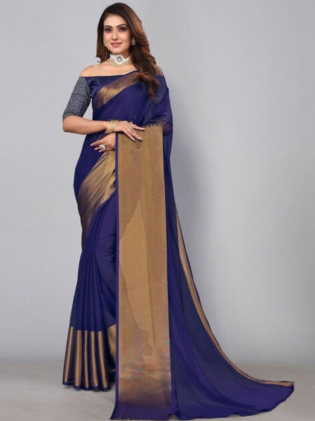 

VRAGI Zari Maheshwari Saree With Unstitched Blouse Piece, Navy blue
