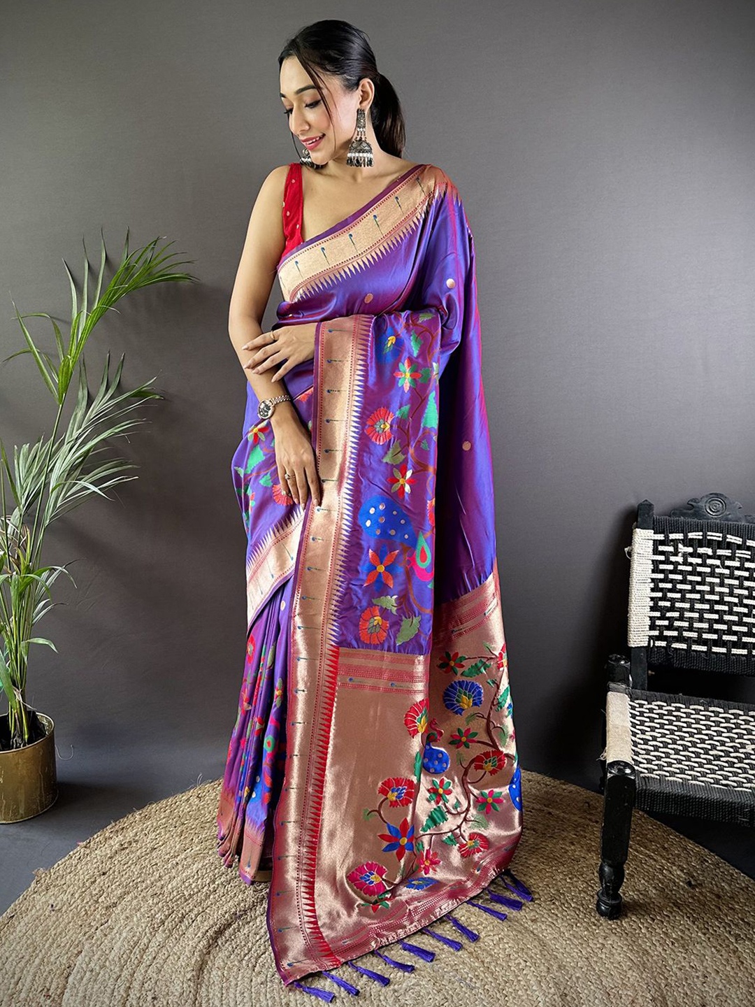 

Panzora Ethnic Motifs Woven Design Zari Paithani Saree, Purple