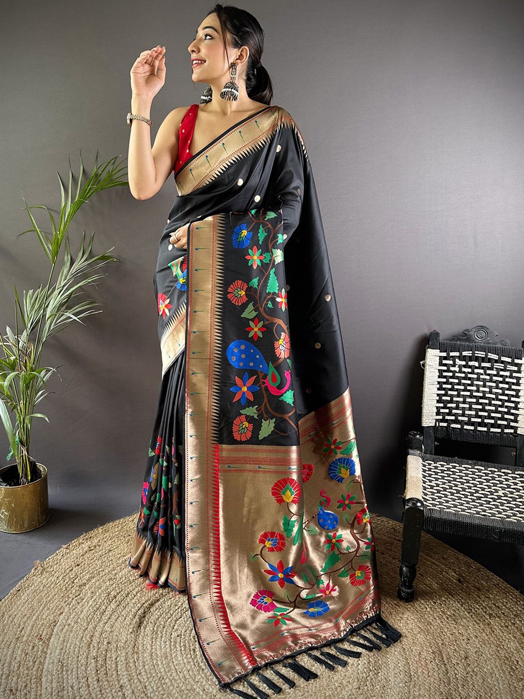 

Panzora Ethnic Motifs Woven Design Zari Paithani Saree With Unstitched Blouse Piece, Black