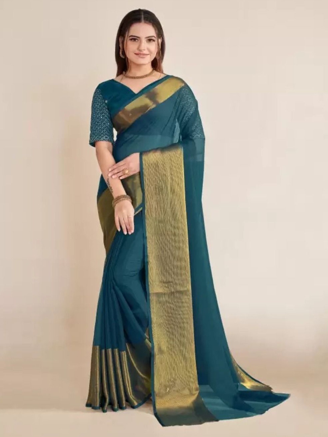 

VRAGI Zari Woven Design Pure Chiffon Saree, Blue
