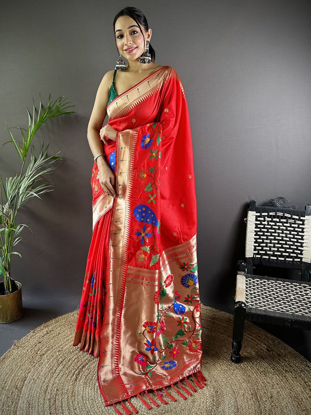 

Panzora Ethnic Motifs Woven Design Zari Paithani Saree, Red