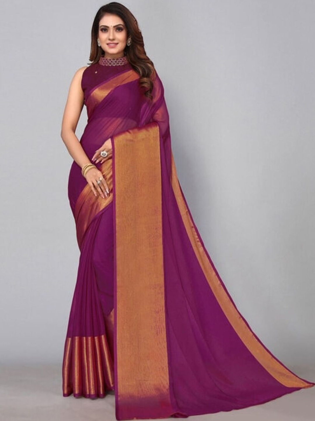 

VRAGI Zari Pure Chiffon Saree, Purple