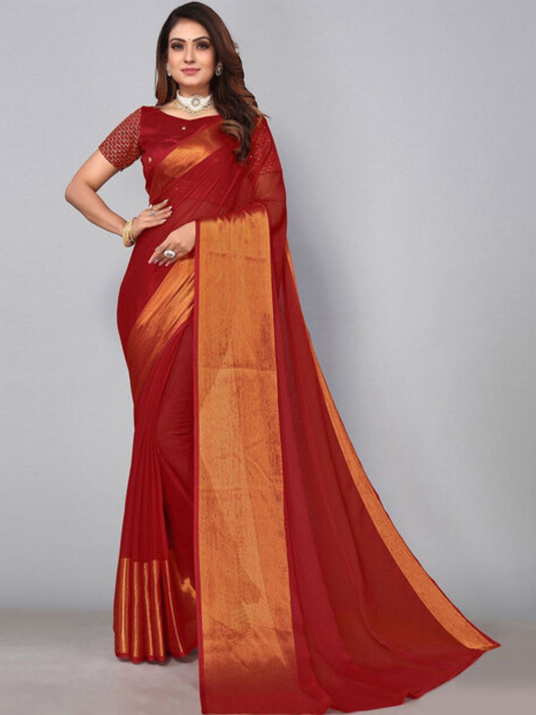 

VRAGI Zari Pure Chiffon Maheshwari Saree, Red