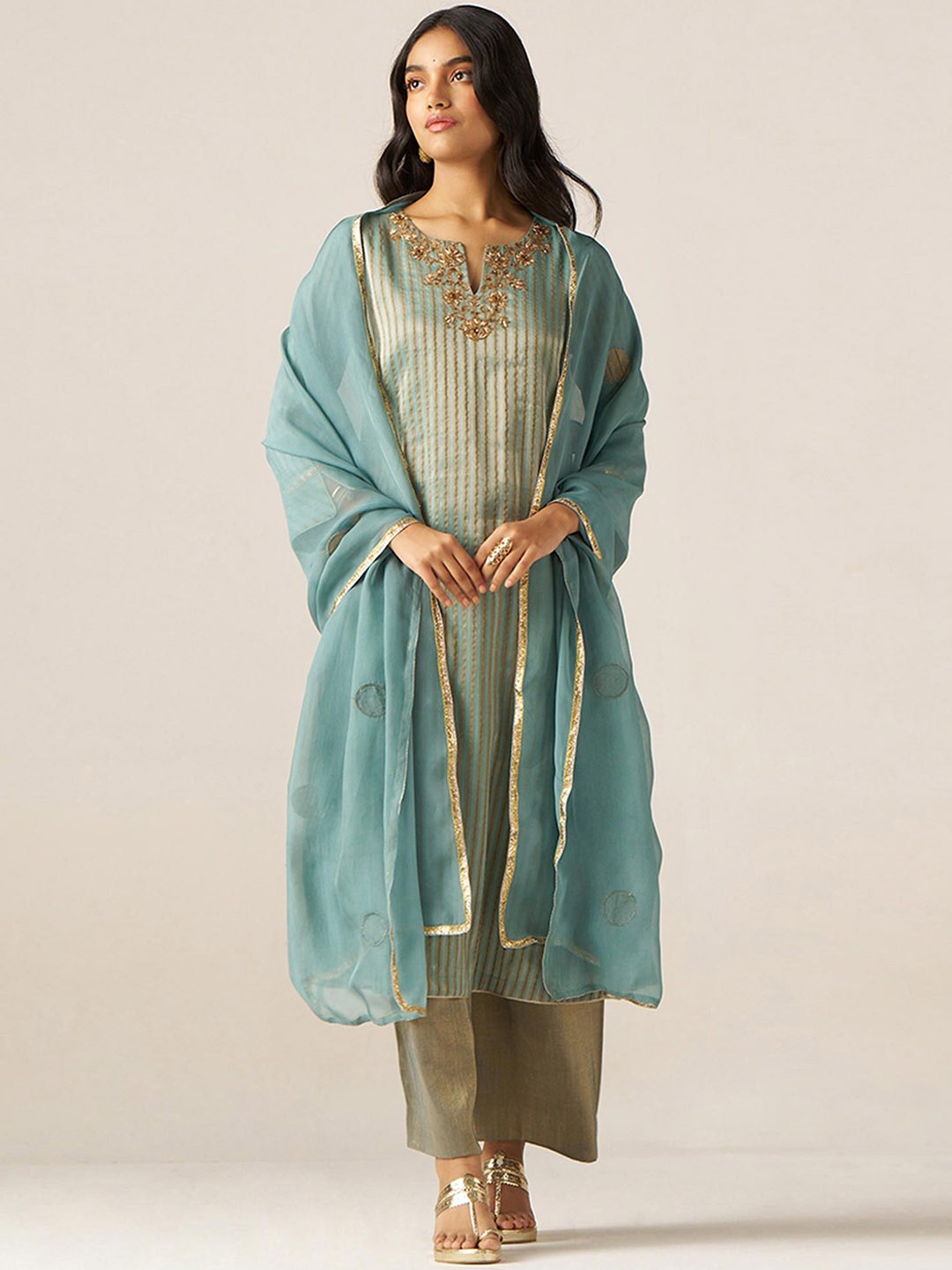 

Ganga Striped Woven Design Thread Work Tissue Straight Kurta With Palazzos & Dupatta, Blue