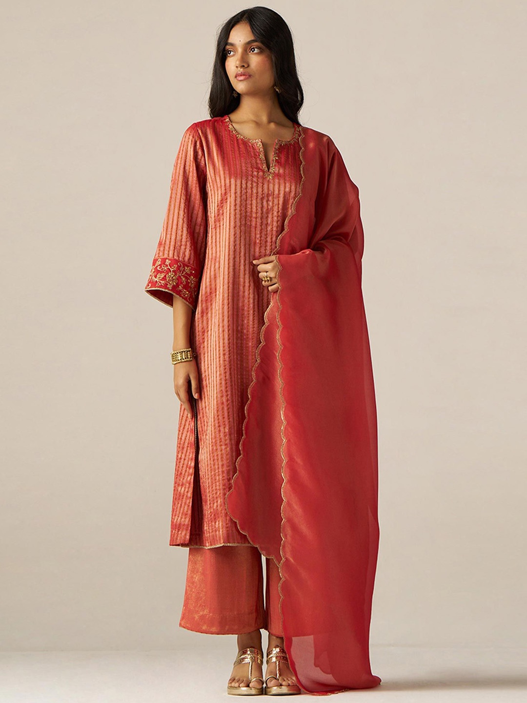 

Ganga Striped Woven Design Notch Neck Tissue Straight Kurta With Palazzos & Dupatta, Red