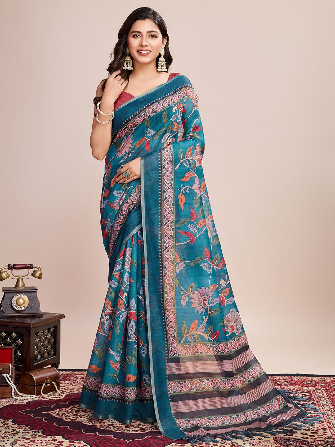 

Panzora Floral Printed Zari Saree, Teal