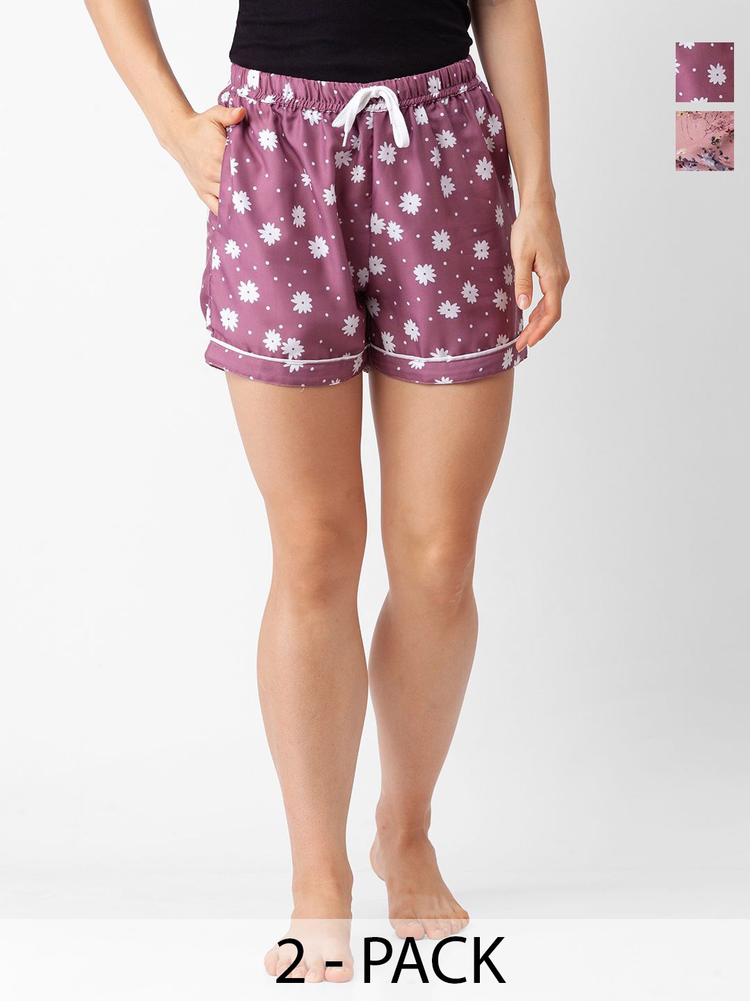 

NOIRA Women Pack Of 2 Printed Mid-Rise Lounge Shorts, Purple