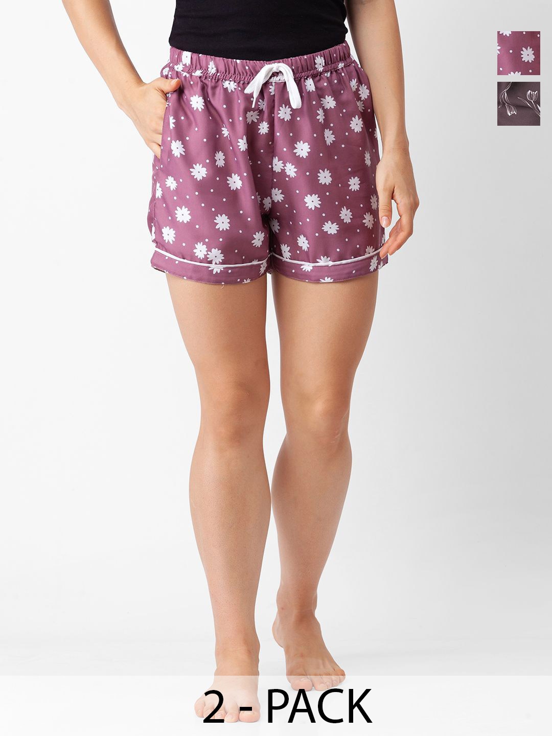 

NOIRA Women Pack Of 2 Printed Lounge Shorts, Black