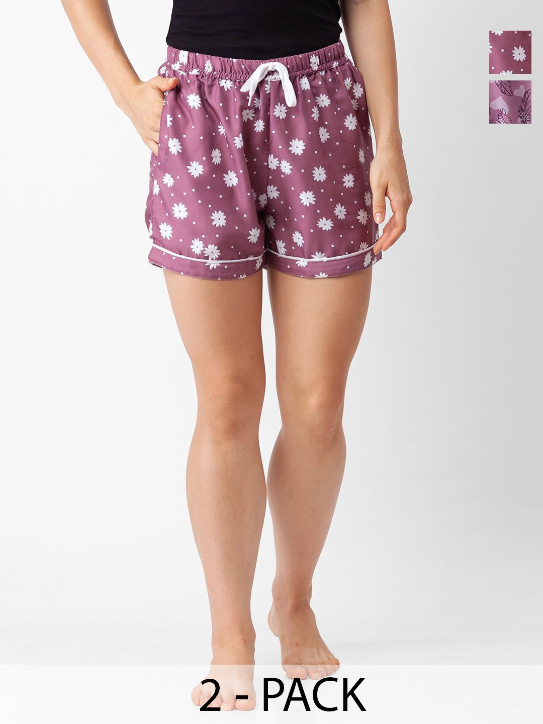

NOIRA Women Pack of 2 Printed Mid-Rise Lounge Shorts, Purple