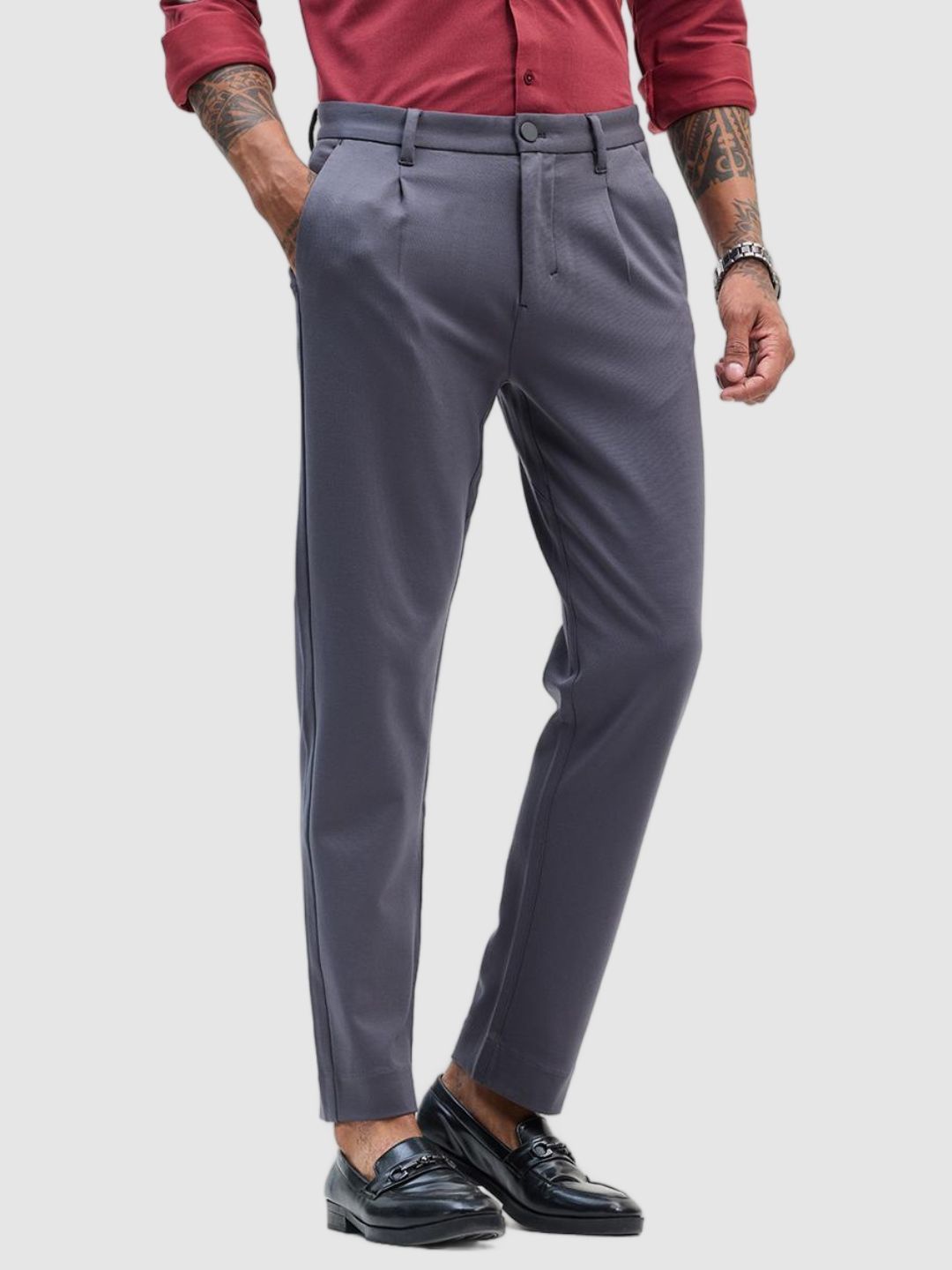 

Snitch Men Charcoal Grey Plain Slim Fit Trousers