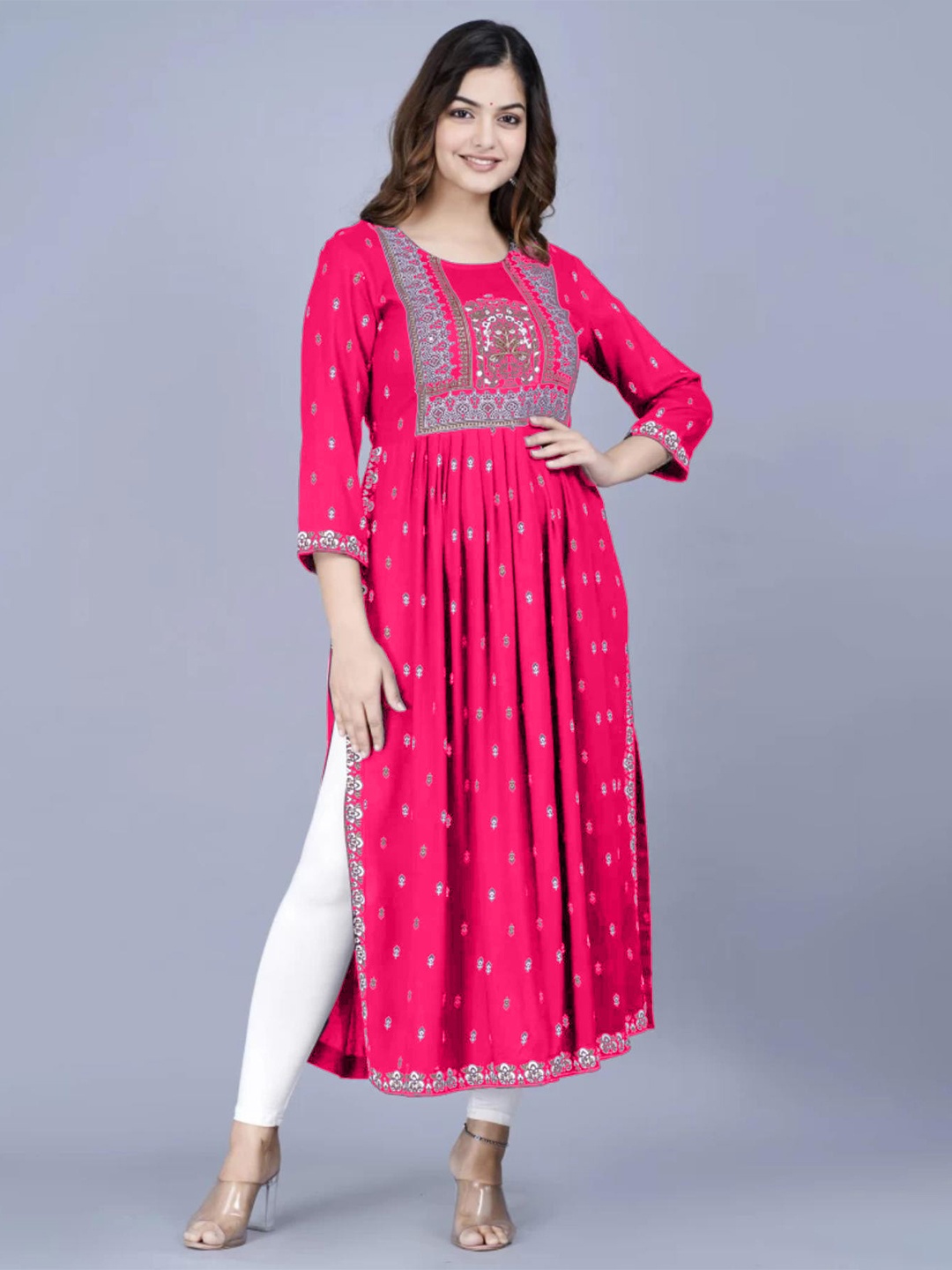 

Niona Women Embroidered Naira Cut A-Line Kurtas, Pink