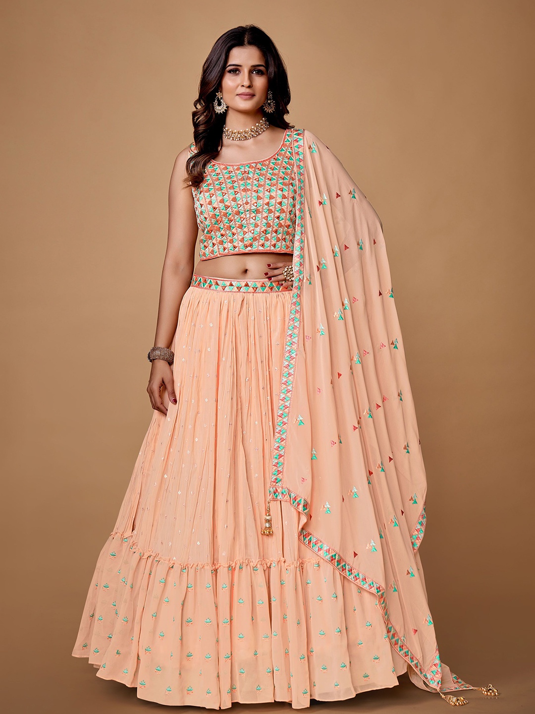 

Fusionic Embroidered Thread Work Ready to Wear Lehenga & Blouse With Dupatta, Peach