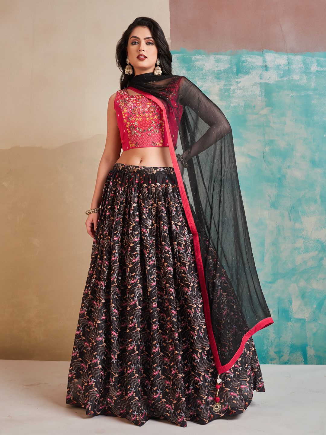 

Fusionic Embroidered Beads and Stones Ready to Wear Lehenga & Blouse With Dupatta, Black