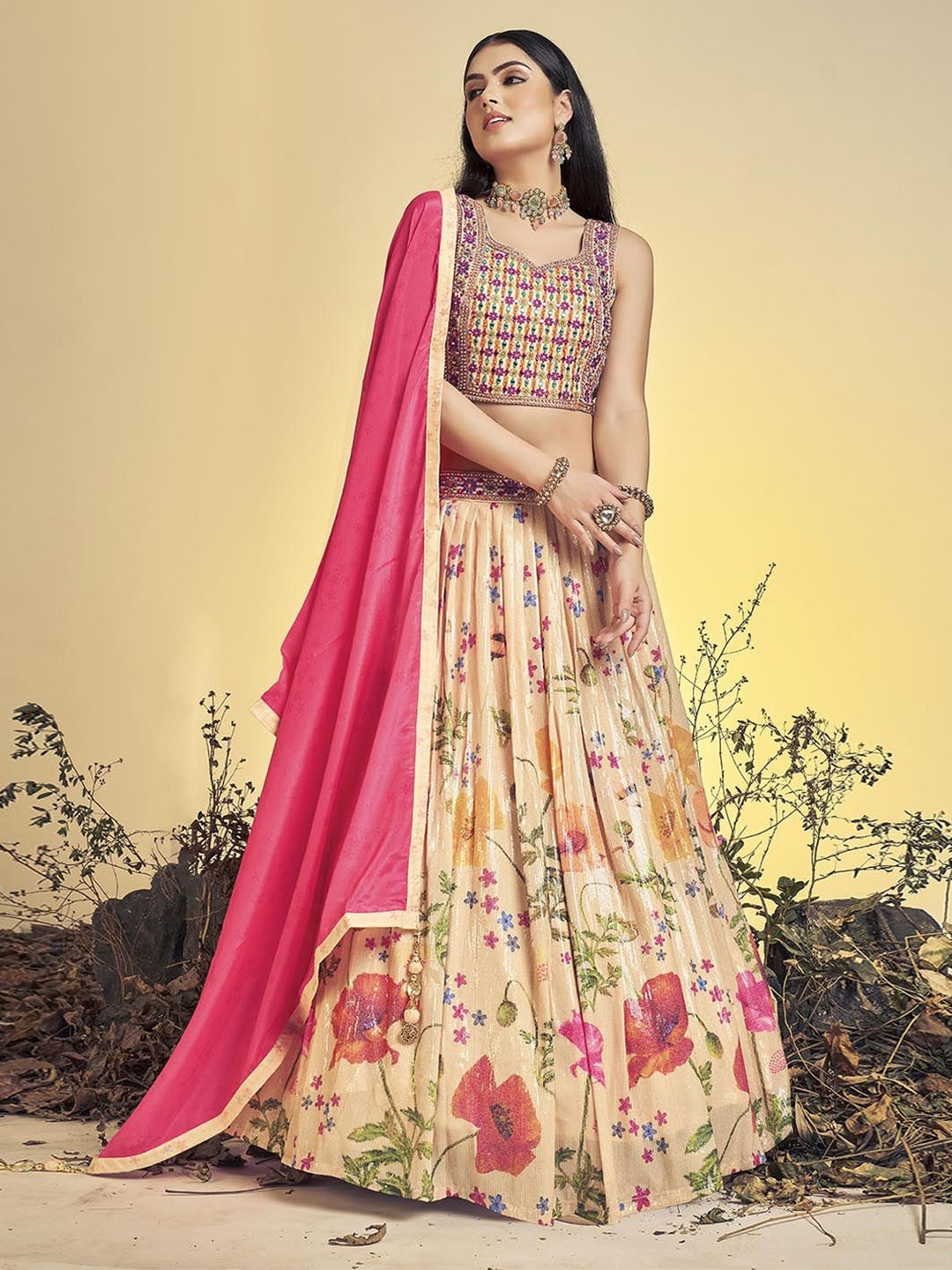

Fusionic Embroidered Sequinned Ready to Wear Lehenga & Blouse With Dupatta, Peach
