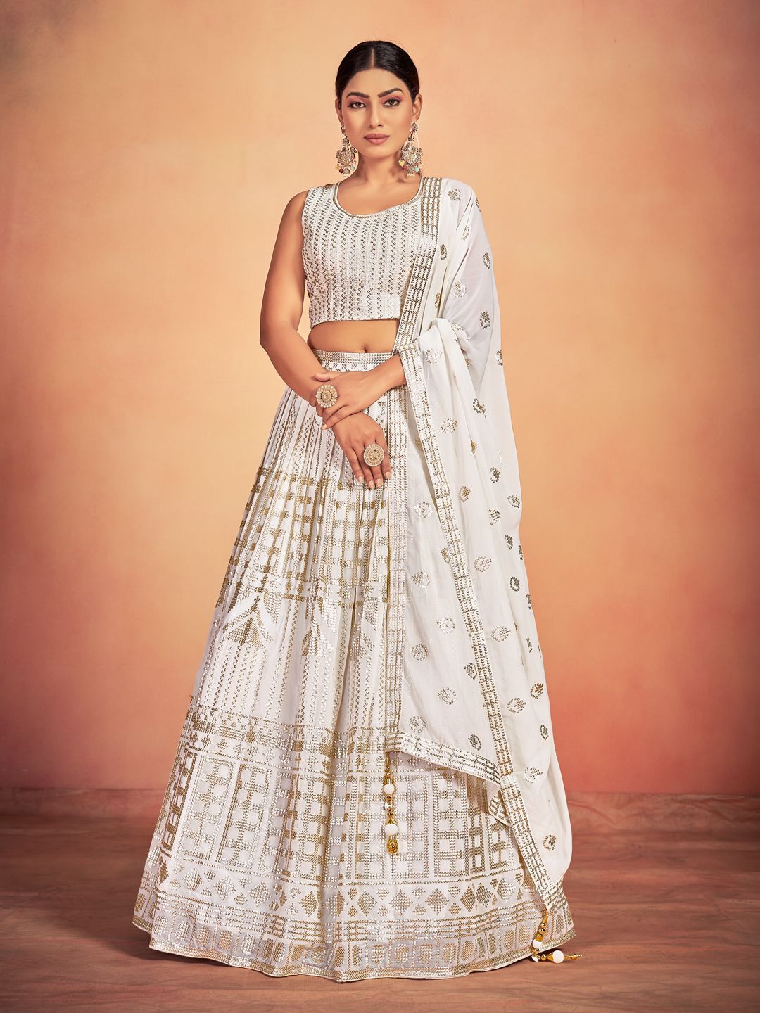 

Fusionic Embellished Sequinned Ready to Wear Lehenga & Blouse With Dupatta, White