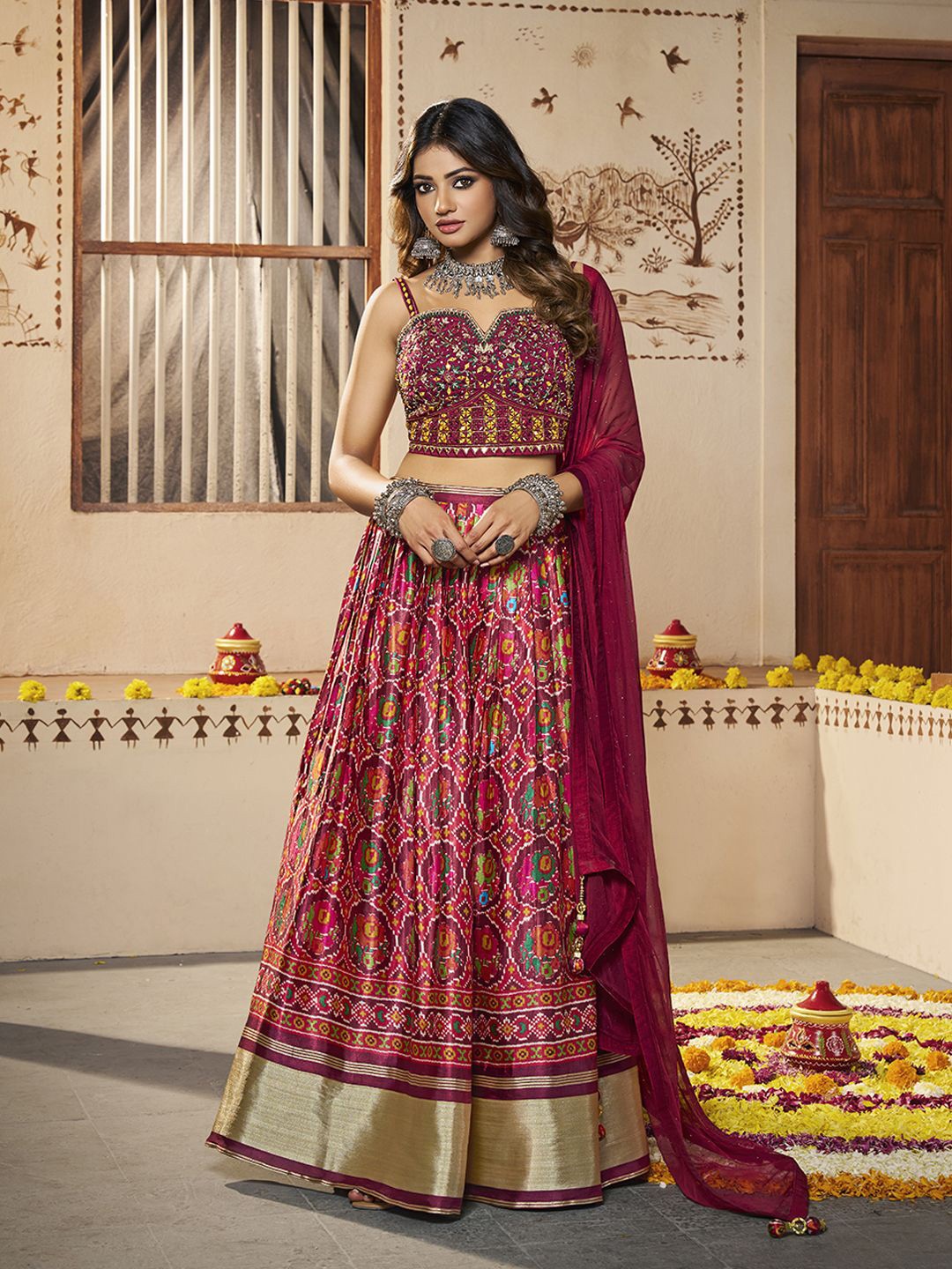 

Fusionic Embroidered Mirror Work Ready to Wear Lehenga & Blouse With Dupatta, Red