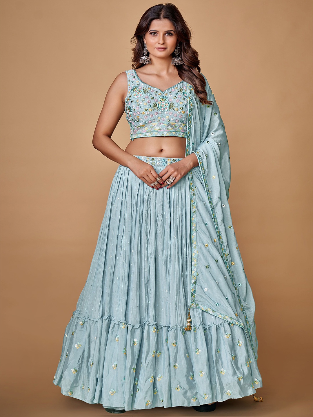 

Fusionic Embroidered Thread Work Ready to Wear Lehenga & Blouse With Dupatta, Blue