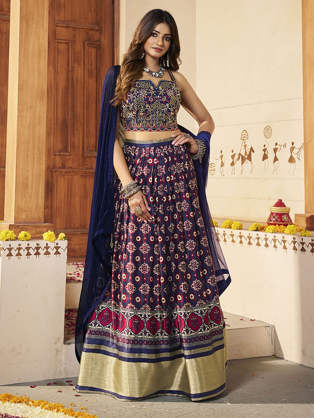 

Fusionic Embroidered Mirror Work Ready to Wear Lehenga & Blouse With Dupatta, Blue