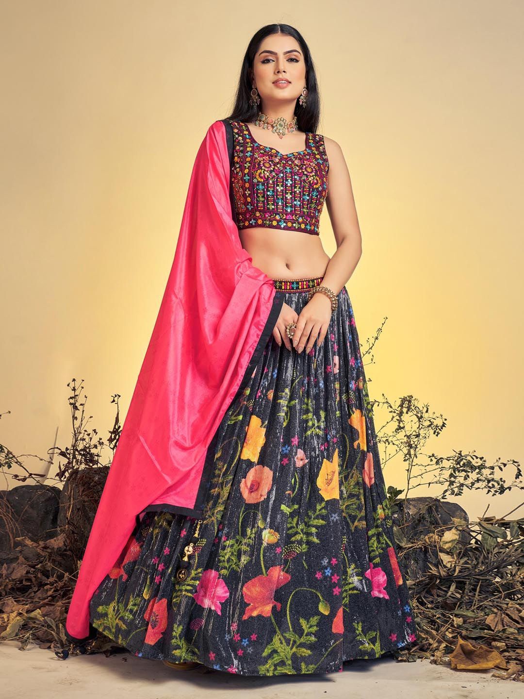 

Fusionic Embroidered Sequinned Ready to Wear Lehenga & Blouse With Dupatta, Black