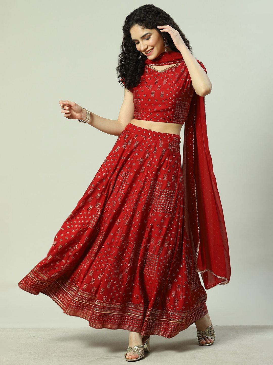 

Rangriti Printed Ready to Wear Lehenga & Blouse With Dupatta, Red