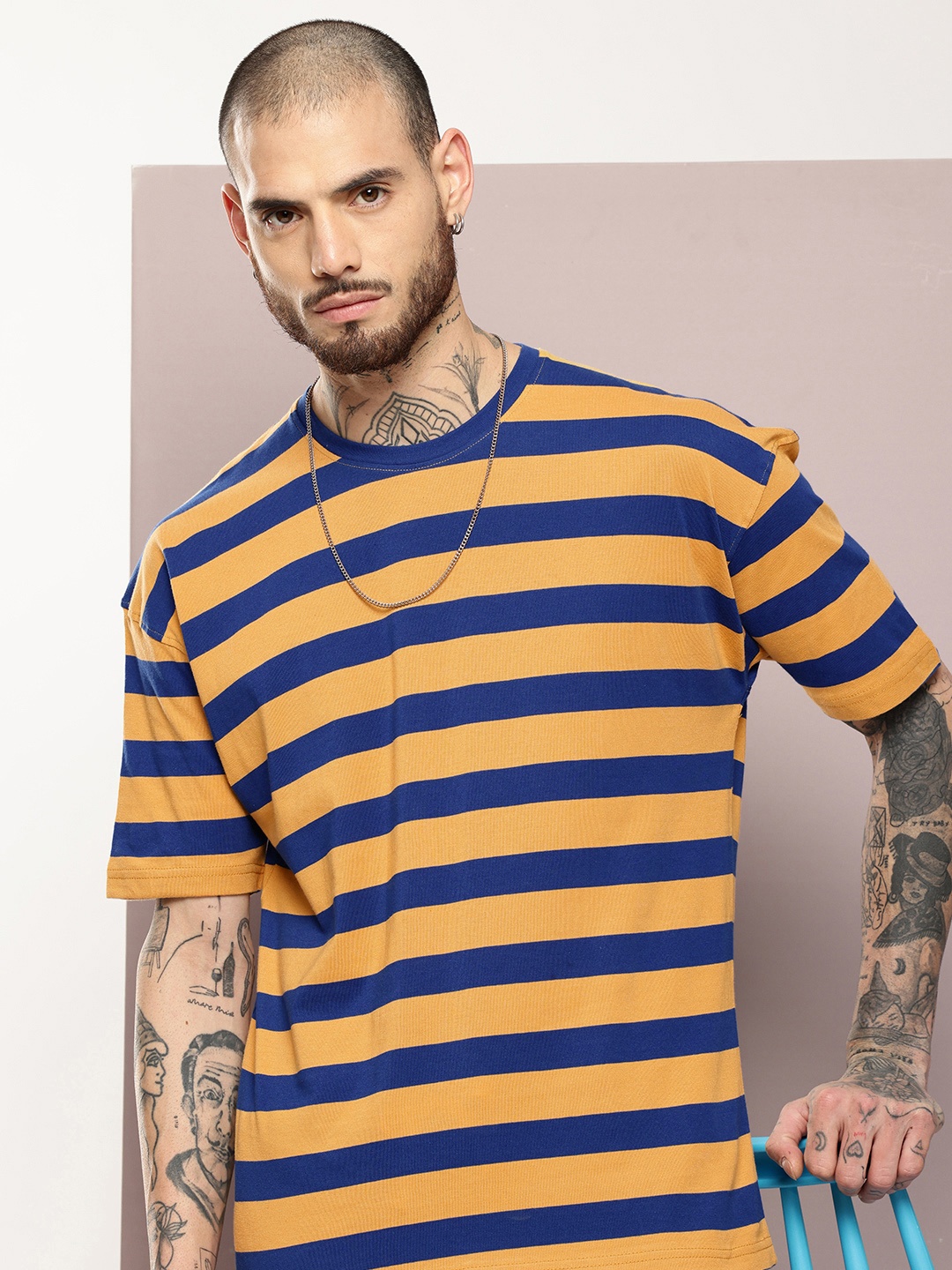 

Kook N Keech Pure Cotton Striped Drop-Shoulder Sleeves Oversized T-shirt, Mustard