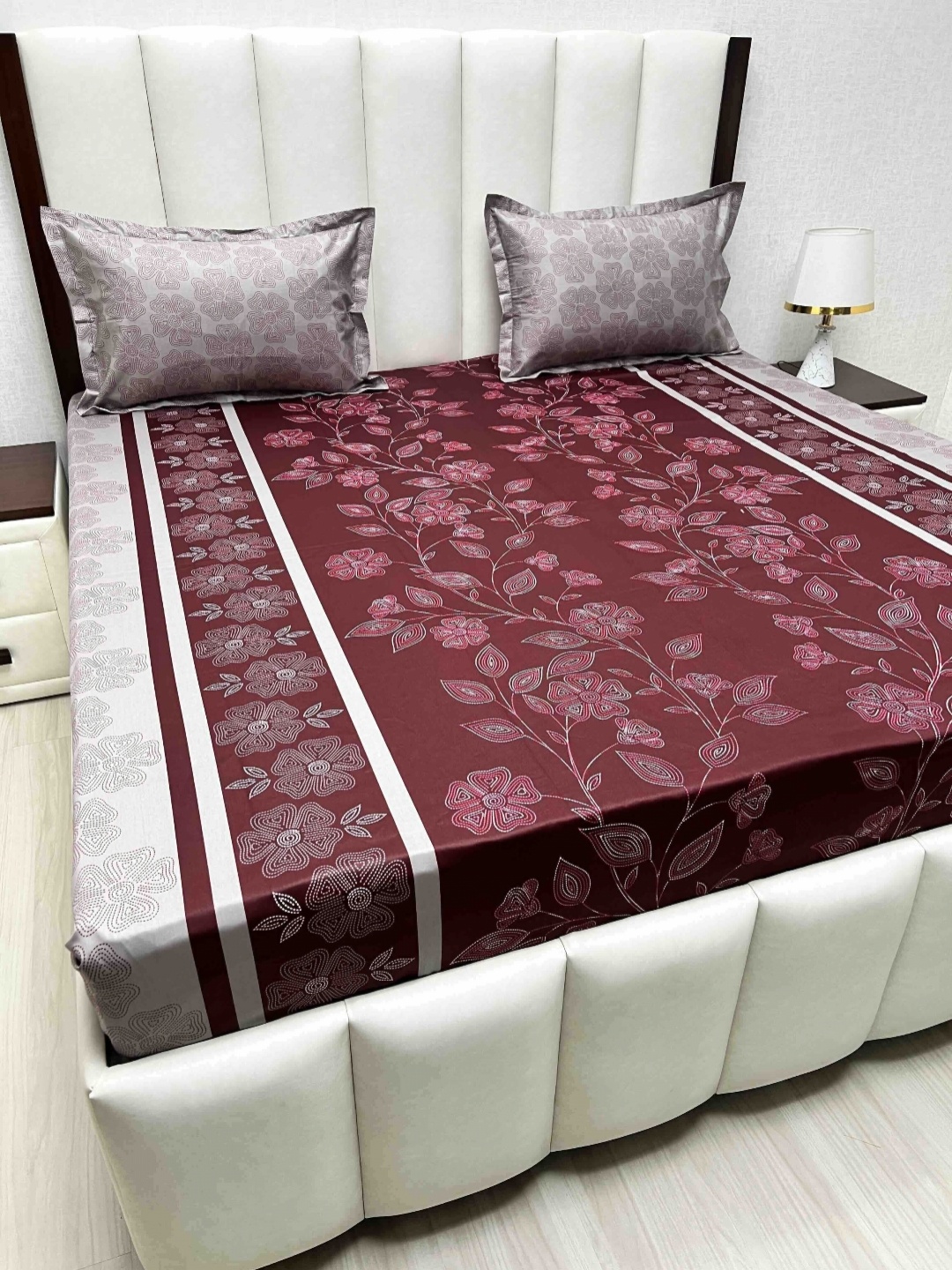 

Pure Decor Velar sib Maroon & White Floral Pure Cotton 250TC King Bedsheet Set-2.74mx2.74m