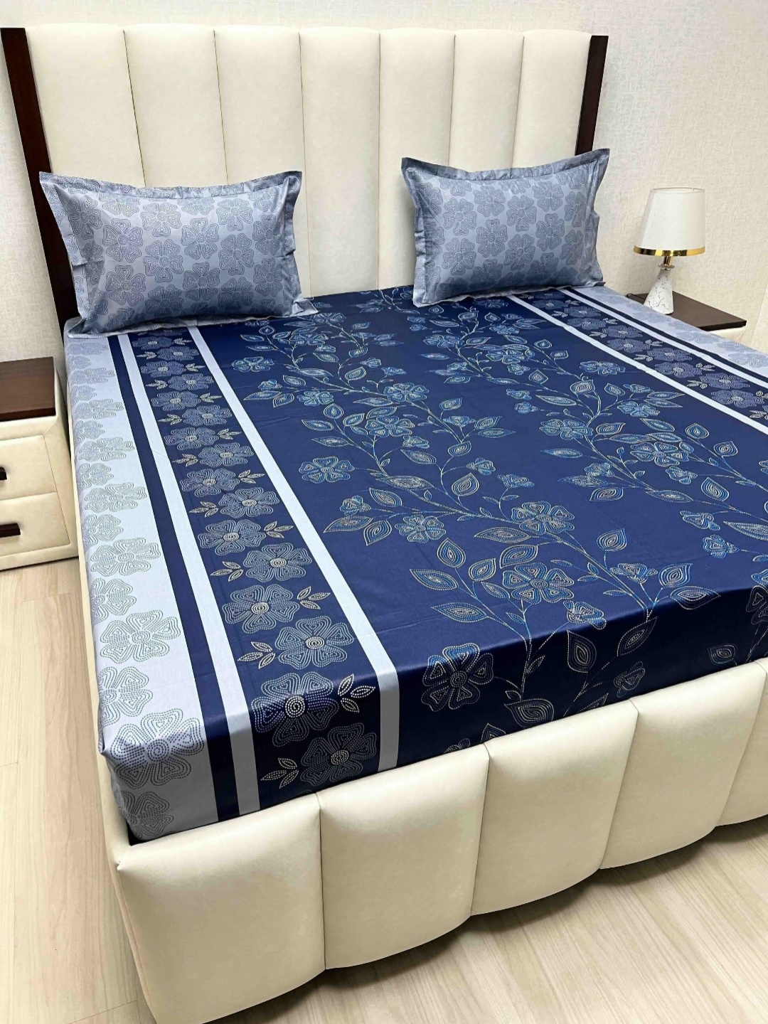 Pure Decor Velar sib Blue & White Floral Pure Cotton 250 TC King Bedsheet Set-2.74mx2.74m