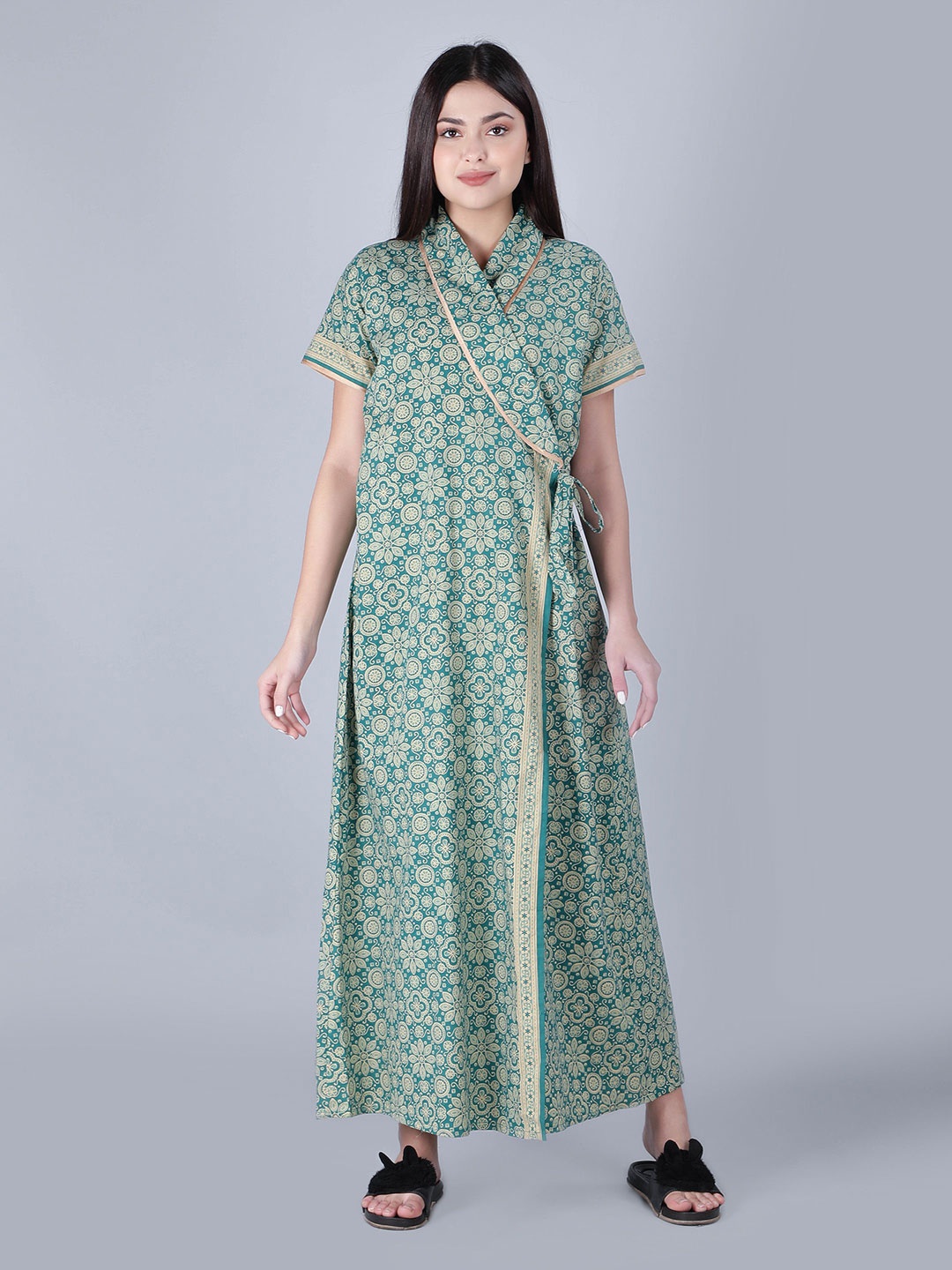 

BELLAMY Women Printed Pure Cotton Maxi Wrap Nightdress, Blue