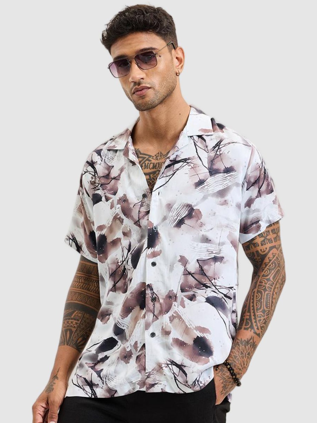 

Snitch Men Relaxed Boxy Fit Cuban Collar Abstract Printed Casual Shirt, White