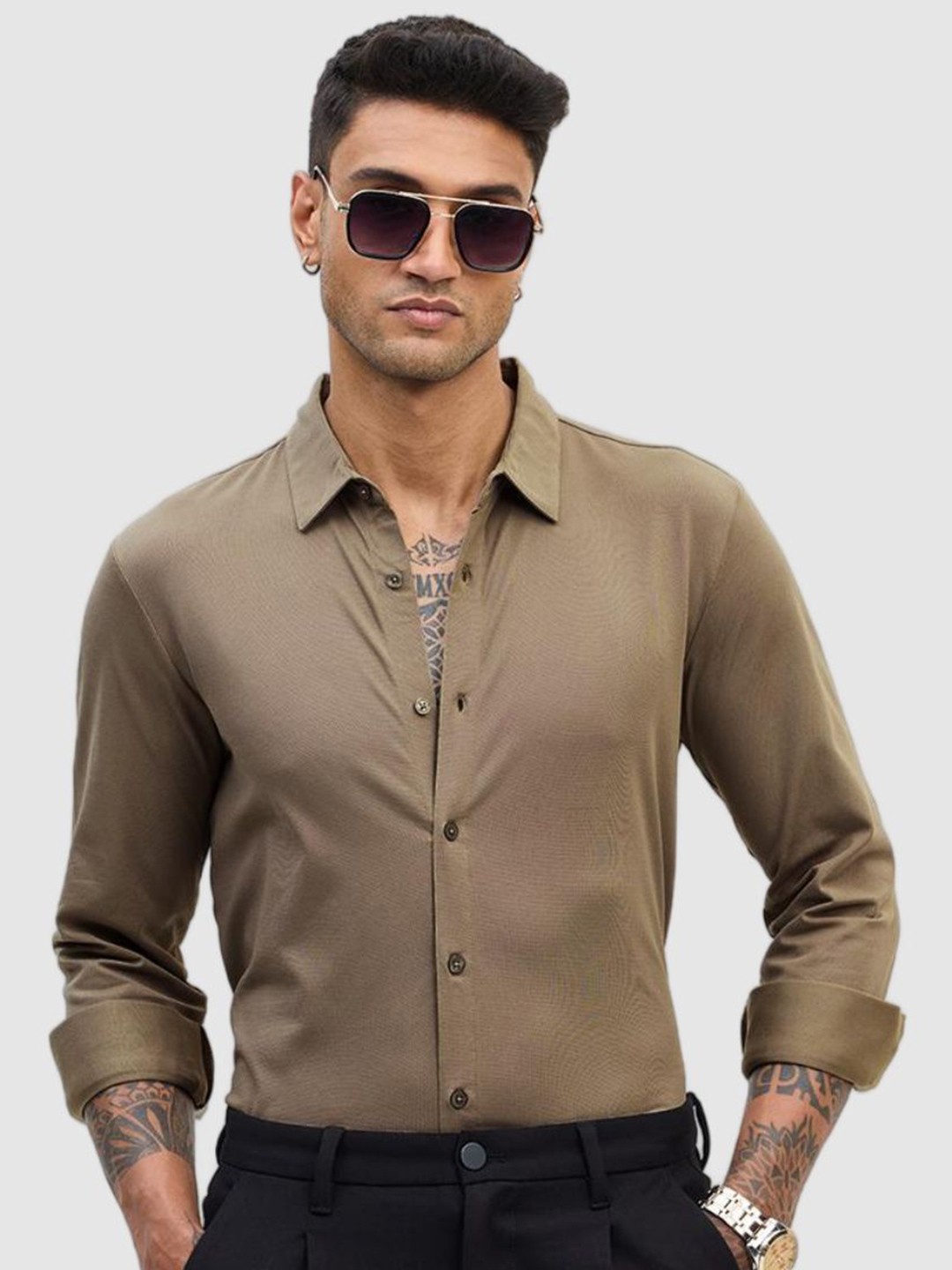 

Snitch Men Smart Slim Fit Spread Collar Solid Cotton Formal Shirt, Brown